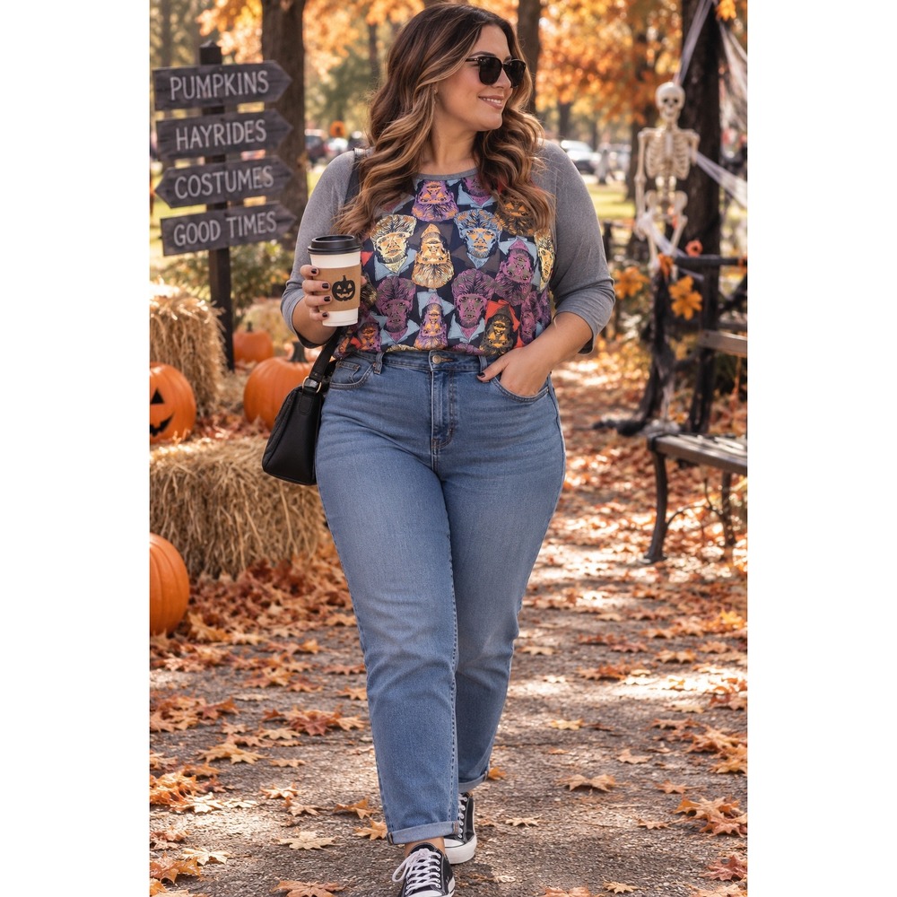 LuLaRoe Randy Werewolf Monster Print Raglan Baseball Tee Gray 3XL Halloween